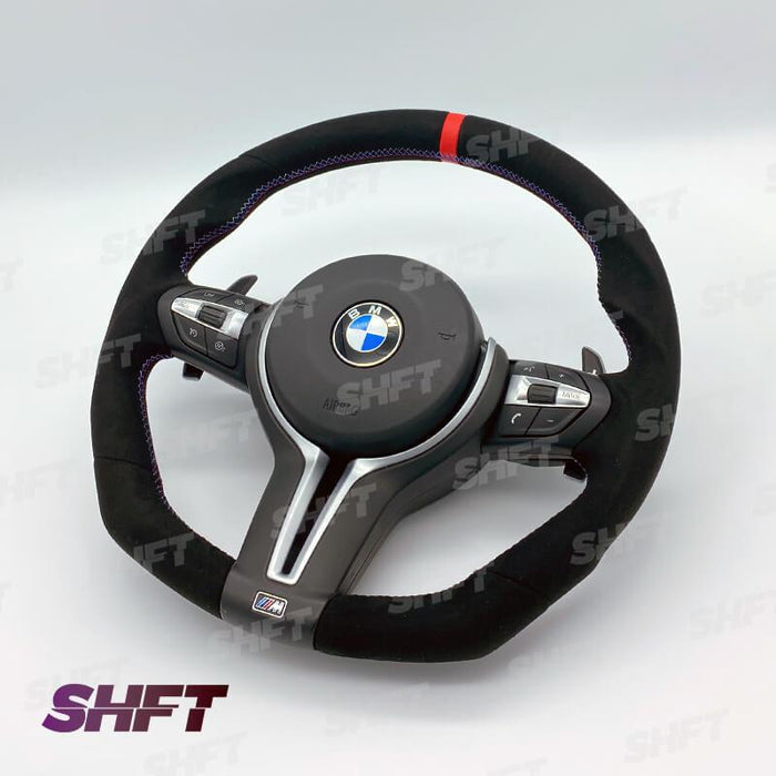 R44 BMW FLAT BOTTOM STEERING WHEEL IN ALCANTARA WITH MOLDED GRIPS AND RED STRIPE