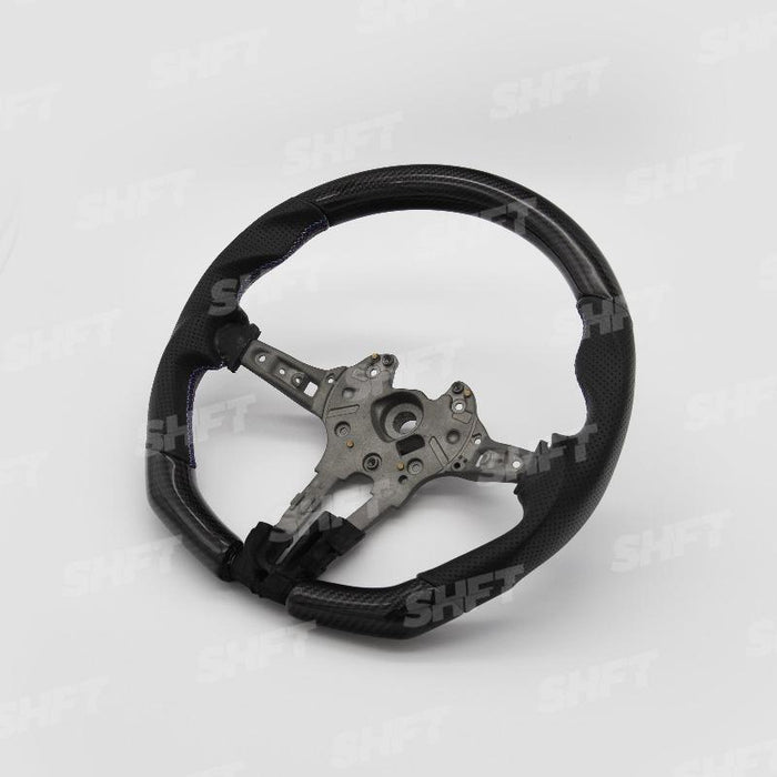 R44 BMW FLAT BOTTOM GLOSS CARBON STEERING WHEEL W/ PERFORATED LEATHER MOLDED GRIPS