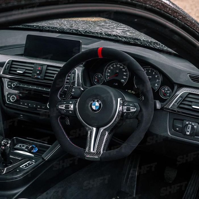 R44 BMW FLAT BOTTOM STEERING WHEEL IN ALCANTARA WITH MOLDED GRIPS AND RED STRIPE