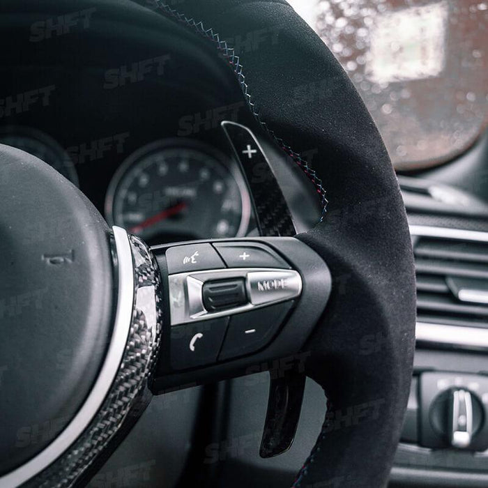 R44 BMW FLAT BOTTOM STEERING WHEEL IN ALCANTARA WITH MOLDED GRIPS AND RED STRIPE