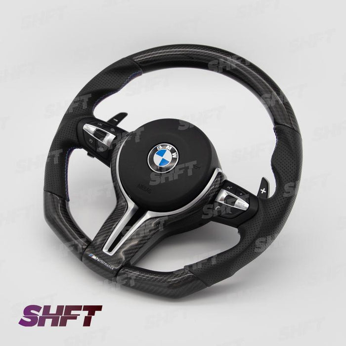 R44 BMW FLAT BOTTOM GLOSS CARBON STEERING WHEEL W/ PERFORATED LEATHER MOLDED GRIPS